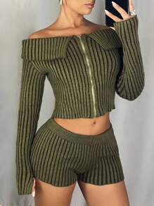 SHEIN ICON Bộ 2 áo len kẻ sọc một bên vai dài tay có khóa kéo phía trước và quần short dệt kim thời trang thu cho nữ - màu xanh lá - Xem 1