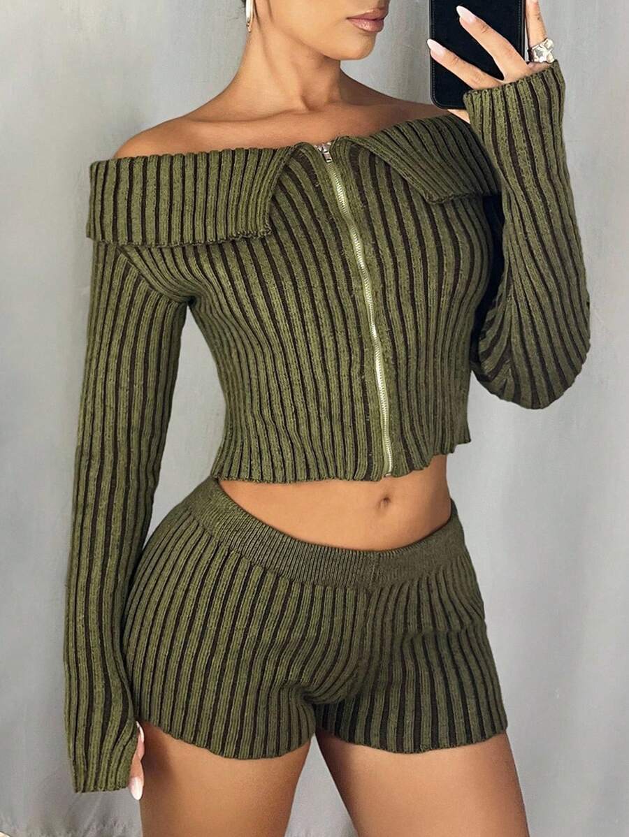 SHEIN ICON Bộ 2 áo len kẻ sọc một bên vai dài tay có khóa kéo phía trước và quần short dệt kim thời trang thu cho nữ - màu xanh lá - Xem 1