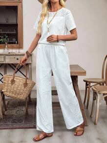 EMERY ROSE 2件套女士纯色镂空刺绣圆领短袖上衣和口袋裤套装