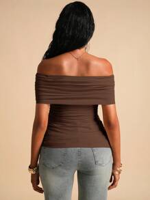 MaterniChic Maternity Solid Color Off-Shoulder Ruched Fitted Fashion T-Shirt