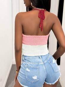 Slaydiva Nouveau Top tricoté à rayures multicolores style décontracté, de rue, sexy, pour sorties quotidiennes, vacances à la plage, croisière, anniversaire, avec bretelles ras-du-cou. Convient pour les femmes lors de concerts, vacances, etc. - Rose bonbon - Voir 2