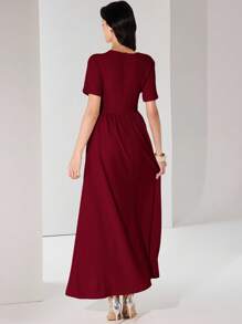 Heiryn 女士优雅纯色裹身长裙，夏季 - 酒紅色 - 查看 2
