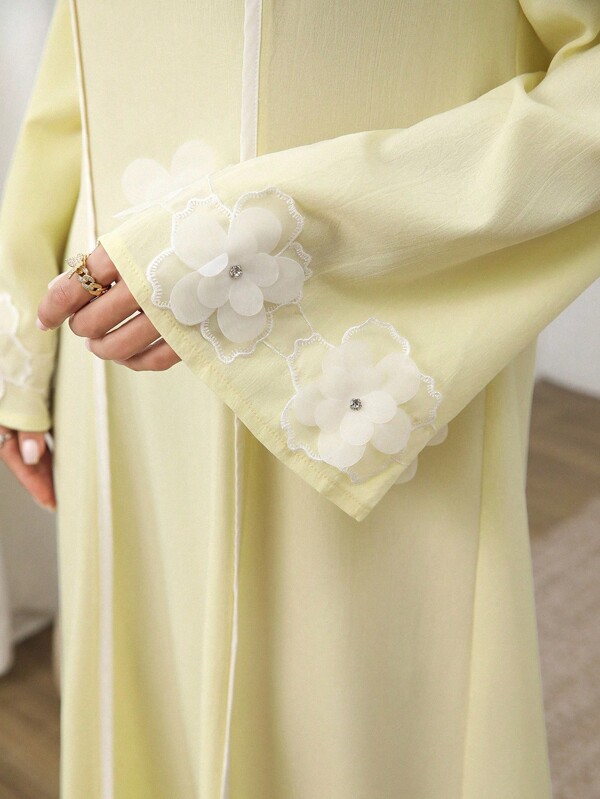 Al Najma Summer Cream Yellow Contrast Floral Decor Loose Elegant Arabic Dress