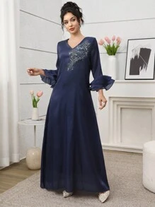 SHEIN Najma Women's V-Neck Beaded Floral Double Ruffle Sleeve Arabic Style Dress, Spring/Summer - Navy Blue - View 4
