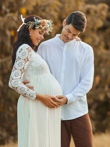 SHEIN Autumn And Winter BOHO Pregnant Women's Contrast Lace Long Sleeve Elegant Dress - White - View 8