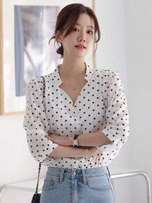 DAZY Women's V-Neck Polka Dot Printed Elegant Casual Blouse,Ruffle Long Sleeve Top - White - View 5