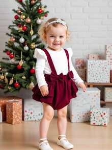 SHEIN 2 件套女婴春秋新款服装套装，罗纹长袖上衣，荷叶边袖子，灯芯绒围兜，蝴蝶结装饰，适合居家、派对穿着，配有头带 - 彩色 - 查看 3