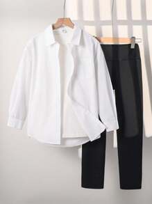 SHEIN 2pcs Tween Girl Clothes.Tween Girl Girl Outfit,School Clothes,White Top And Black Legging,Girls Shirts - Multicolor - View 5