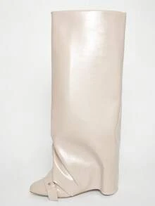 Solezae Women's Fashionable Sexy Point Toe Folded Hidden Wedge Boots - Beige - View 7