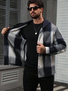 Manfinity Homme 男士休闲格子连帽外套 - 藍白色 - 查看 6