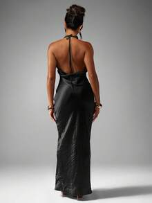 MISSGUIDED 纹理挂脖长裙高领露背晚礼服拖地长裙派对婚礼宾客特殊场合正式服装 - 黑色 - 查看 2