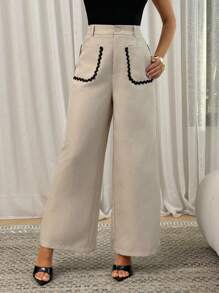 Lavishia Women's Patchwork Wavy Ribbon Pocket Wide Leg Loose Casual Pants - Apricot - View 3