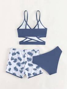 Teen Girls Tropical Print Wrap Bikini Set With Swim Shorts Summer Beach - Blue and White - View 2