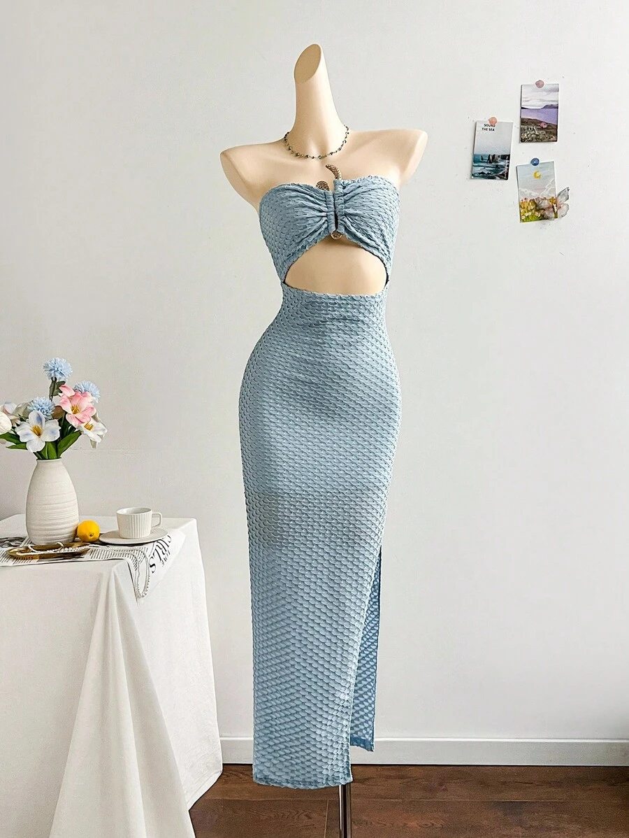 Soleia Women's Vacation Aqua Green Jacquard Textured Ruched Backless Cutout High Slit Dress Fall Dresses For Women   School Clothe  Rave Outfits  Concert Tops   Homecoming Dress   Christmas Clothes  Office Dress  Date Night Outfits Women Dress For Wedding Guest  Birthday Dresses For Women   Halloween Costumes  Brunch Outfits For Women  Sexy Bohemian Clothes For Women  Fairycore White Lace Dress Fringe Dress Fall Dresses For Women Teacher Dress Korean Flowy Dress - Blue - View 1