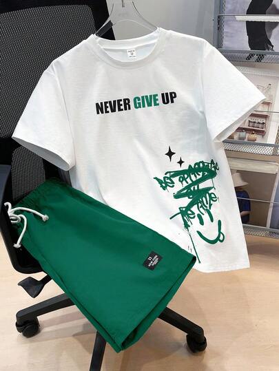 SHEIN 2pcs/Set Teen Boys' Casual Short Sleeve Shorts Set, Street Punk Rock School Style Outfit For Daily, Party, Music Festival, Suitable For Spring & Summer, English Graffiti Print Contrast Color