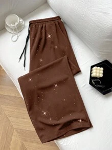 Flirla Plus Size Women Glitter Cinched Waist Decor Casual Pants, Spring/Summer - Coffee Brown - View 3