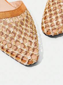 Styleloop 女士编织镂空网眼透气一脚蹬方头舒适优雅平底鞋，度假风格 - 橘色 - 查看 4