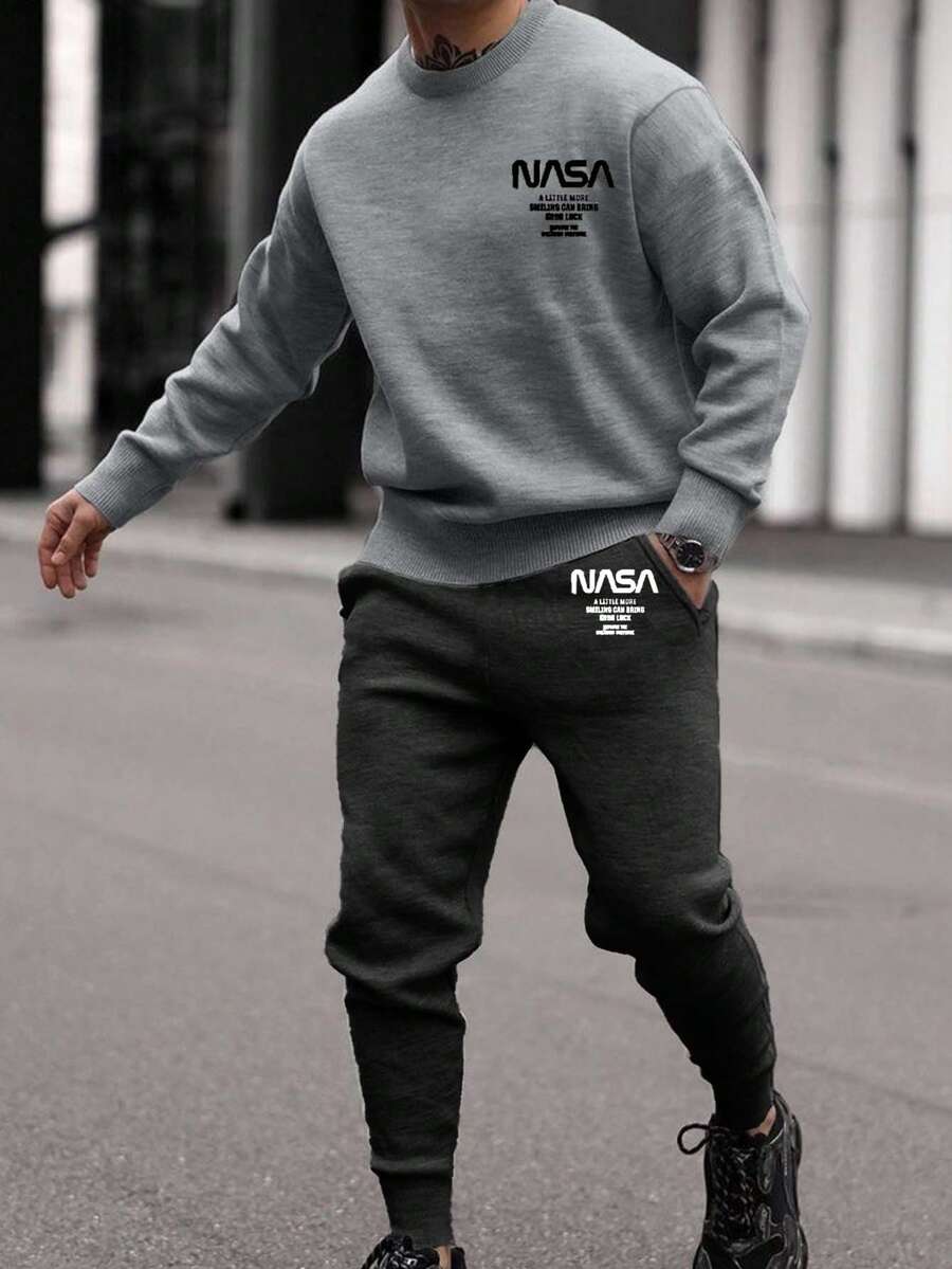 EURMUSE 2pcs Men's Casual Long Sleeve Sweatshirt And Loose Sweatpants Set - Grey - View 1