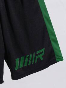 SHEIN 2pcs Tween Boy Sports Textured Fabric Vertical Stripe Pattern Short Sleeve T-Shirt And Shorts Set - Dark Green - View 8