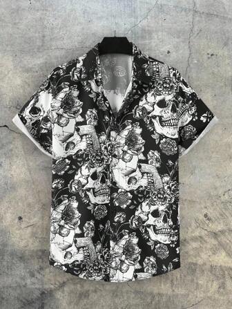 AXEPEAK Men's Skull & Floral Printed Short Sleeve Shirt