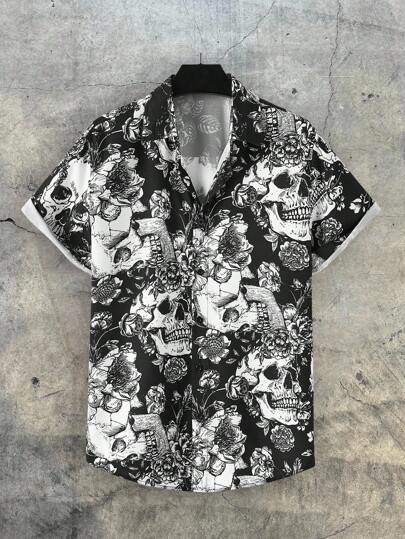AXEPEAK 男士骷髏與花卉印花短袖襯衫