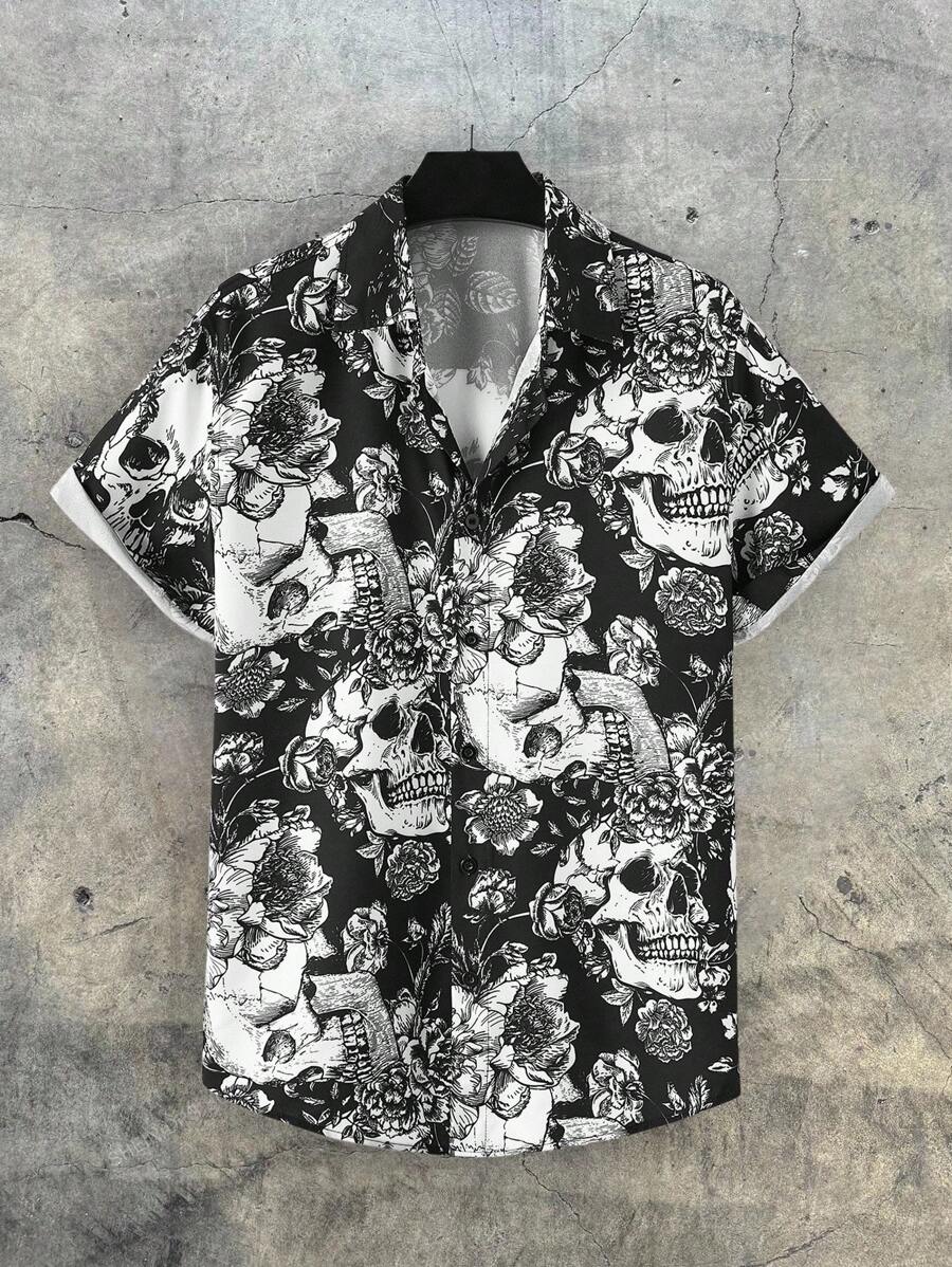 AXEPEAK Nam Sọ & Hoa In Ngắn tay Áo sơ mi - màu đen - Xem 1
