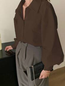 INAWLY 女士纯色灯笼袖单排扣休闲通勤衬衫 - 棕色 - 查看 3