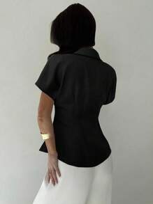 Firerie Women's Casual/Office Linen Ruched Waist Short Sleeve Shirt With Metal Button, Navy Blue,Elegant Women's Blouses - Black - View 2