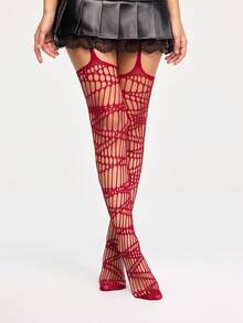ROMWE Grunge Punk 1 双性感渔网袜，酒红色镂空吊带款式，简约几何镂空设计，超薄弹力透明紧身裤 - 酒紅色 - 查看 2