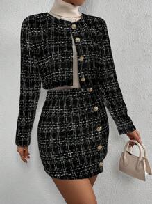 SHEIN Clasi Plaid Button Front Crop Jacket & Skirt Fall Cloth For Women - Black - View 6