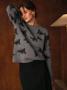 MOTF PREMIUM 蝴蝶图案长袖毛衣 - 灰色 - 查看 2