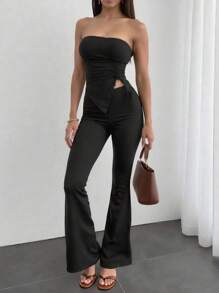 2件套青少年女孩露肩不对称上衣和高腰休闲喇叭裤套装 - 黑色 - 查看 1