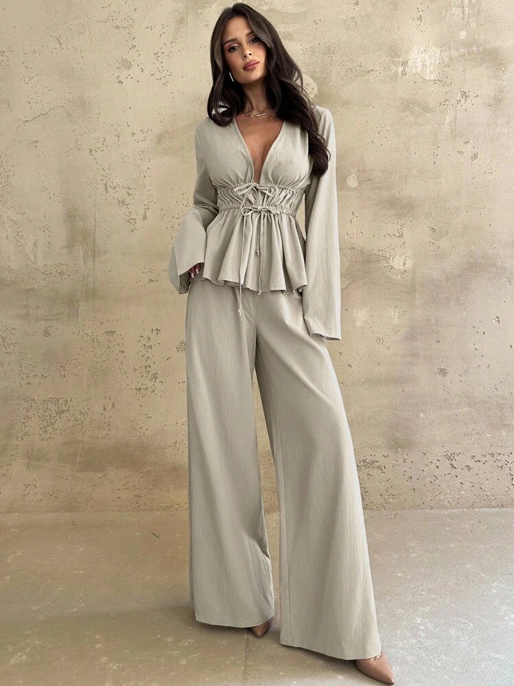 Firerie Women's Solid Color Pleated Waist Tie Flare Sleeve Shirt And Pants Casual 2 Pieces Set,Fall - Khaki - View 8