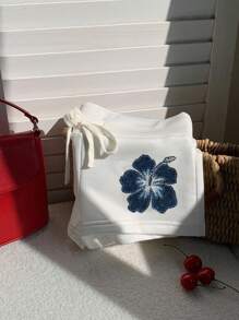 Comfortcana Floral Print Drawstring Waist Slim Fit Super Short Shorts, Summer White Shorts With Blue Flower