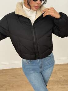 SHEIN PETITE Women's Zipper Long Sleeve Fashionable Popular Winter Insulated Padded Coat, Dress Casual ,Business Casual Outfits Women,Fall Clothes For Women,Going Out Tops