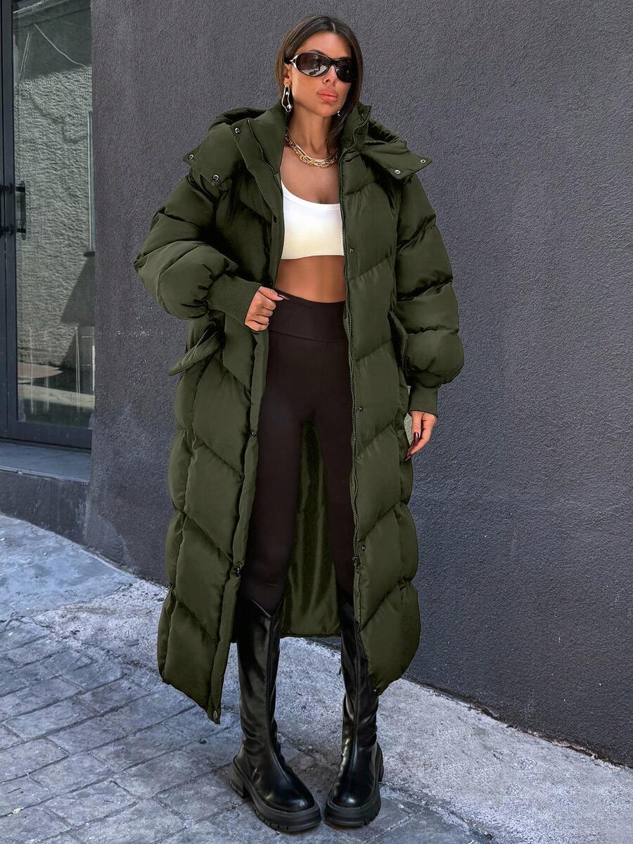 EURMUSE Damen dicke, warme, locker sitzende Kapuzenjacke, Oversized Laternärmel-Design, Winter - Armeegrün - Übersicht 1