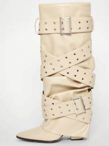 Solezae Giày bốt cao đến đầu gối thời trang gợi cảm dành cho nữ có khóa kim loại - Màu be - Xem 5