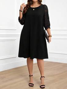 Miaspire 大码女式网纱撞色黑色优雅母亲节连衣裙 春季女装 圣诞节 圣诞女装 圣诞派对连衣裙 - 黑色 - 查看 6