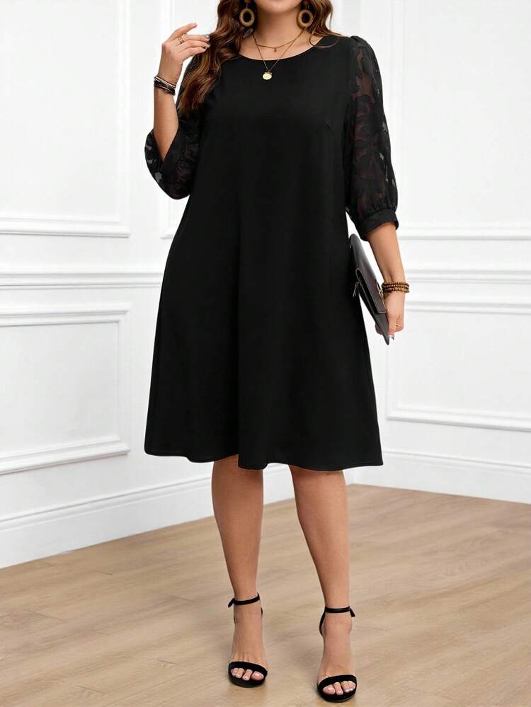 Plus Size Women's Mesh Contrast Black Elegant Black Mother's Day Dress Spring Outfits For Women   Women's Clothing  Party Dress,Summer