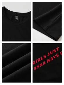 SHEIN EZwear Casual Minimalist Pattern Round Neck Short Sleeve Fitted Cropped Women T-Shirt, Suitable For Summer - Black - View 5