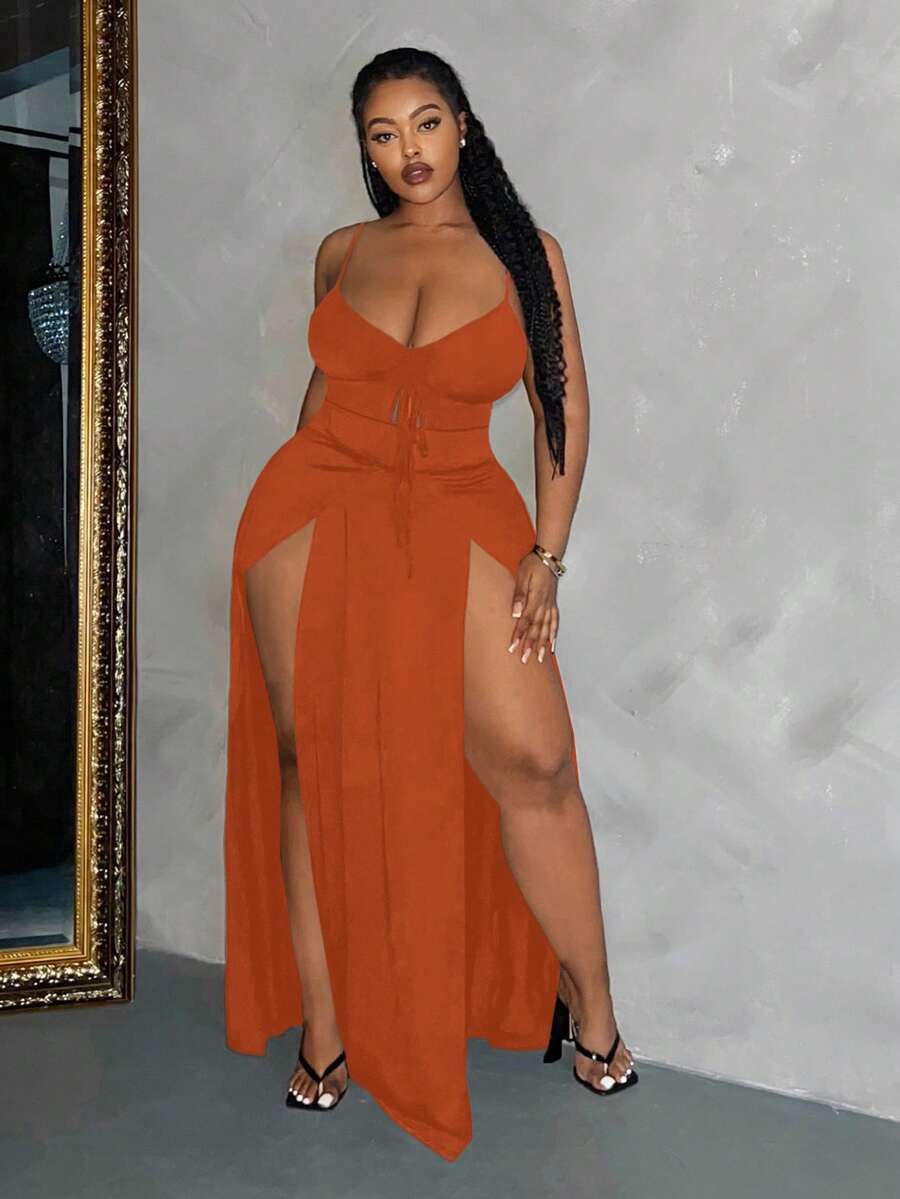 Slaydiva Slayr Plus Size Sexy Solid Color Drawstring High Slit Dress - L - Redwood - View 1