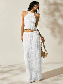 Easelle 女士度假户外浪漫挂脖露背低腰短裙套装白色两件套裙套装两件套白色套装女夏季两件套女亚麻两件套沙滩裙套装 - 白色 - 查看 5