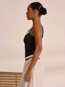 MUSERA 双层吊带方领吊带背心，度假波西米亚风，伊比沙岛风，优雅可爱，适合秋季、假日、派对、春夏穿着。 - 黑色 - 查看 2