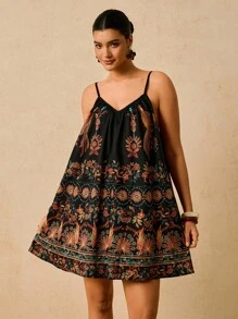 Travachic 加大码复古印花连体裤，深 V 领露背系带彩色复古图案女式度假短裤，全新 - 黑色 - 查看 5