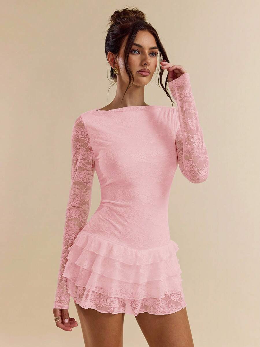 SHEIN BAE 女款淺粉色夏季優雅派對蕾絲飾邊層次荷葉邊下擺迷你洋裝,酒紅色純色長袖,生日情人節洋裝 - 珊瑚粉 - 查看 1