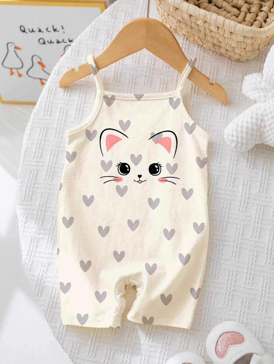 SHEIN Happikins Cute Cat Heart Pattern Casual Baby Girl Romper, Suitable For Spring/Summer