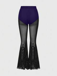 ROMWE Gothic Retro Castle Flocked Print Sheer Women's Flare Pants - Purple - View 2