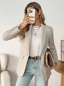 SHEIN LUNE 卡其色女士基础款纽扣西装外套，秋冬季女装，适合秋季、冬季等各种场合，包括外出上衣、乡村风格服饰等。 - 卡其色 - 查看 4