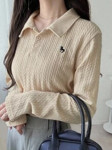 FRIFUL Women's Beige Textured Fabric Embroidered Print Shirt Collar Long Sleeve Casual Loose Fit Versatile T-Shirt, Autumn - Beige - View 1