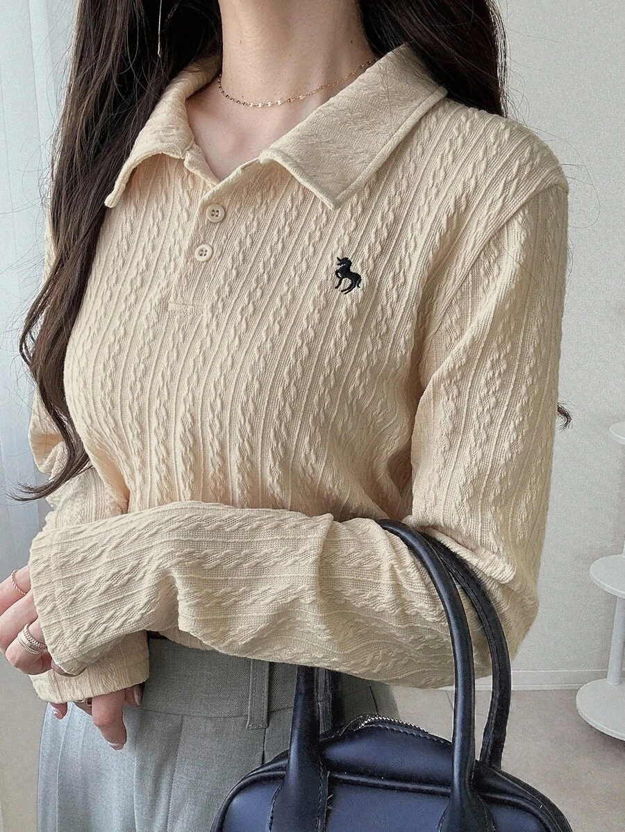 FRIFUL Women's Beige Textured Fabric Embroidered Print Shirt Collar Long Sleeve Casual Loose Fit Versatile T-Shirt, Autumn - Beige - View 1